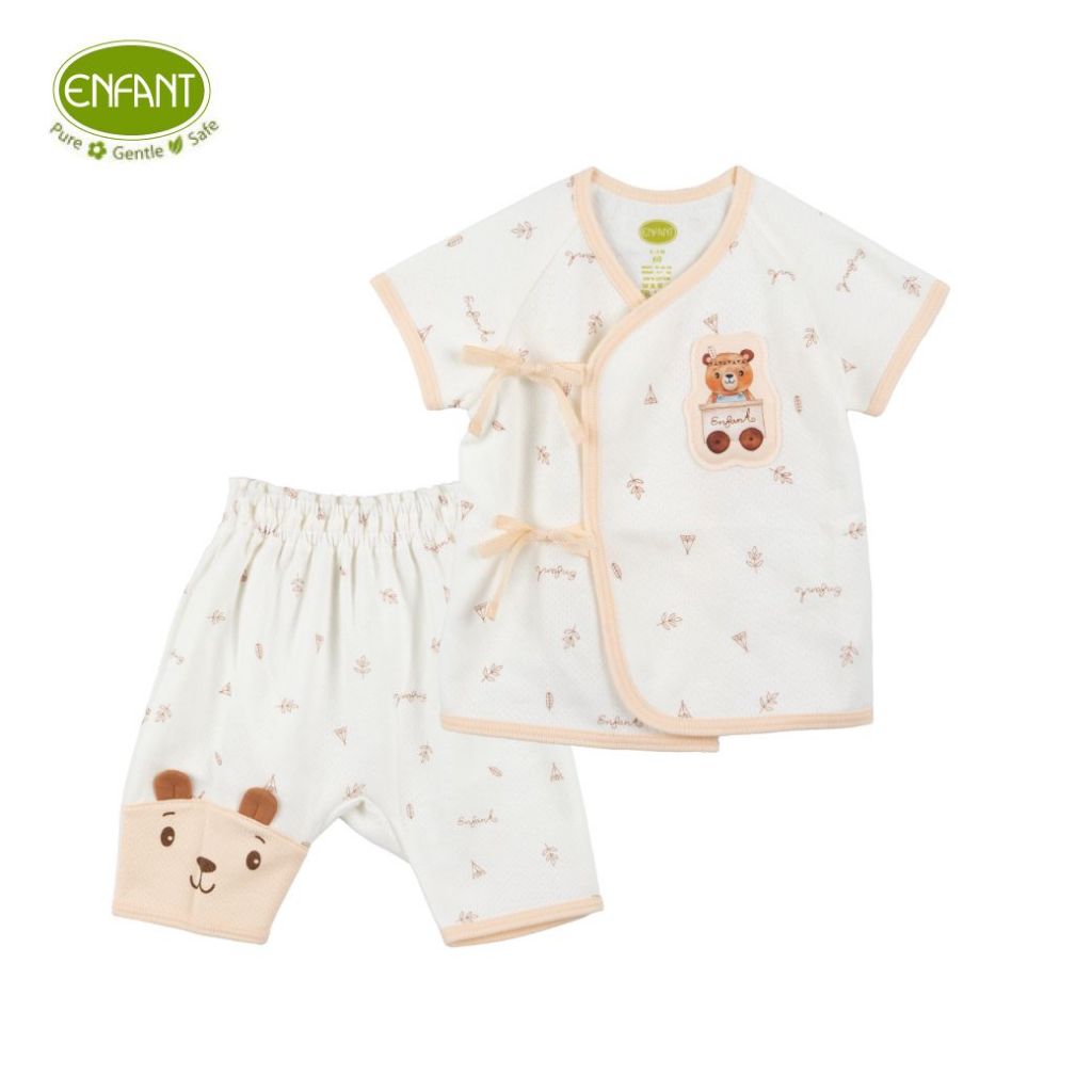 ENFANT (อองฟองต์) ชุดเสื้อป้ายผูกหน้า+กางเกง สำหรับเด็กอายุ 0-3 เดือน คอลเลกชั่น หมีกางเต็นท์ ผ้าคอตตอนออร์แกนิก สีครีม