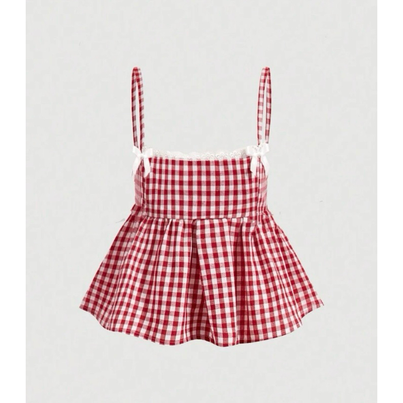 EZshop เสื้อสายเดี่ยวลายสก็อตแดง ระบาย น่ารัก🇹🇭พร้อมส่ง