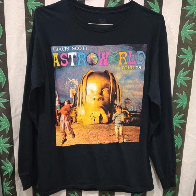 เสื้อยืดแขนยาว มือสอง Usa เสื้อวง ทัวร์ร่วม Travis Scott - Astroworld Tour2018 Size M.อก20/ยาว28