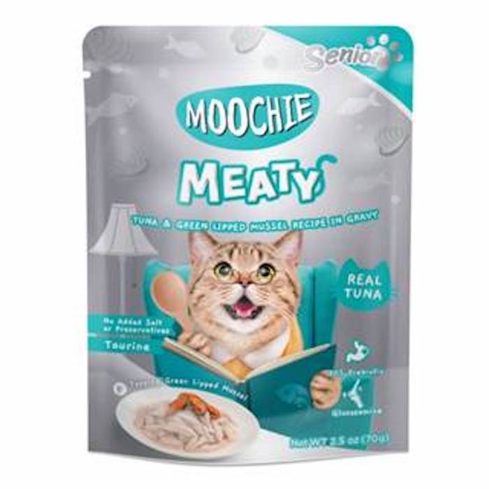 [ ไม่เข้าร่วมE-TAX] Moochie มูซี่ Meaty รสทูน่าและหอยแมลงภู่ในน้ำเกรวี่ สำหรับแมวสูงอายุ 70กรัม