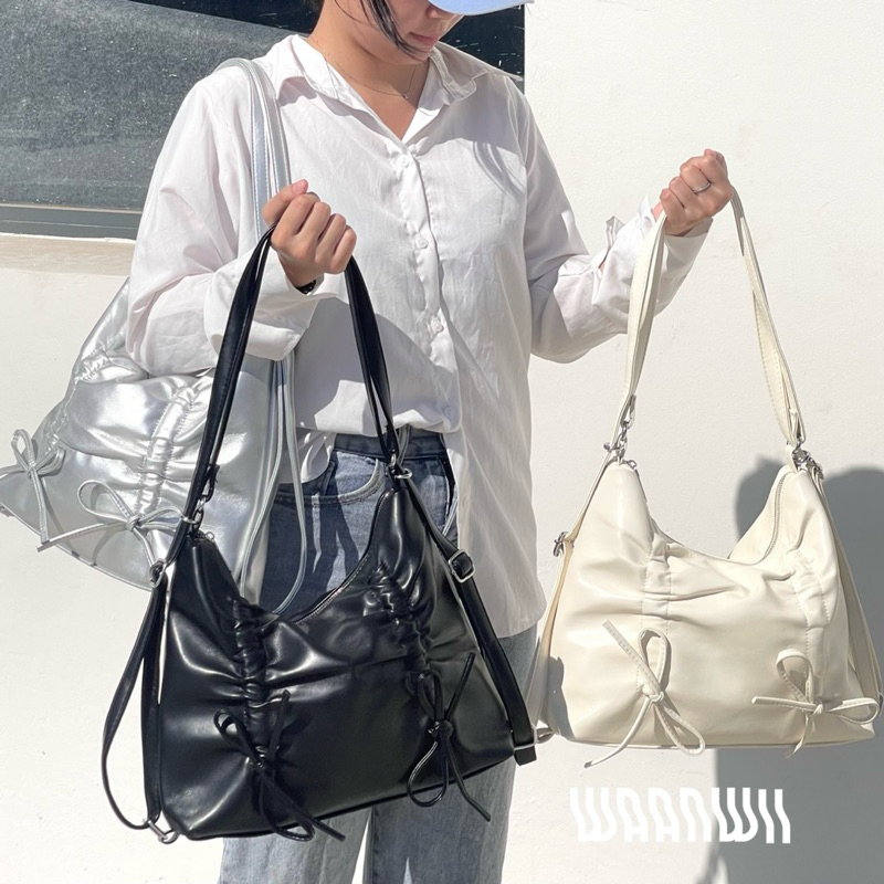 🎀Bowies  Bags🎀 กระเป๋าหนัง PU ใบใหญ่ จุของได้เยอะสะพายได้หลายแบบมีโบว์รูดตกแต่ง