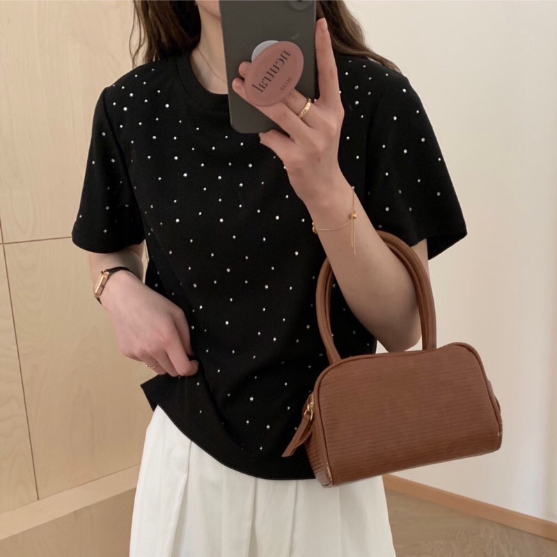 Lady_Sakura 8820/BC#เสื้อยืด แขนสั้น คอกลมงานเพชร & กลิตเตอร์สีพื้น แฟชั่นสําหรับผู้หญิง