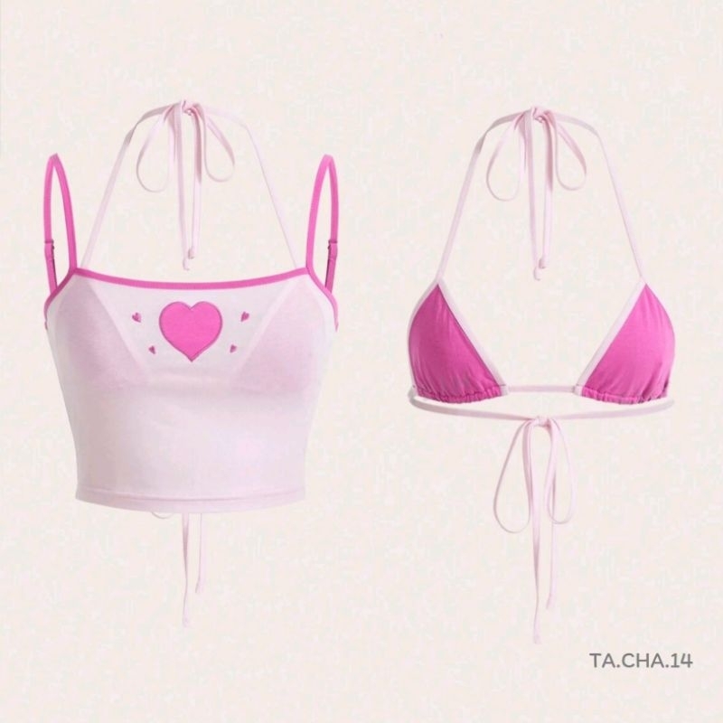 พร้อม​ส่ง​ เสื้อ​สา​ยเดี่ยว​ ลายหัวใจ​ เสื้อครอปคล้อง​คอ​ สีชมพู​