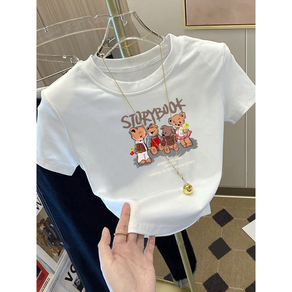 เสื้อครอปเสื้อยืดแขนสั้น Baby Crop Tee หมีน้อยสี่ตัว ผ้าคอตตอน100% S-XL