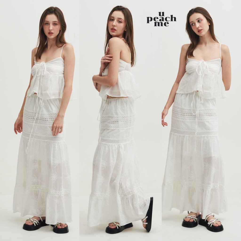 *มีส่งด่วน* upeachme(A15) Bahamas Skirt [เอว-40] กระโปรงยาวผ้าคอตตอนแท้ลายลูกไม้สีขาว ผูกได้ตามขนาดเอว