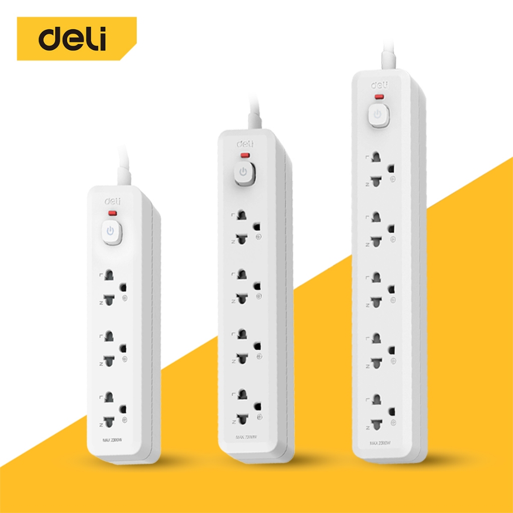Deli ปลั๊กไฟ ปลั๊กพวง 3ตา วัสดุทนไฟ750 ํC กำลังไฟสูงสุด 2300W สายไฟยาว 3 5เมตร มาตรฐาน มอก รับประกัน 3ปี Power Socket