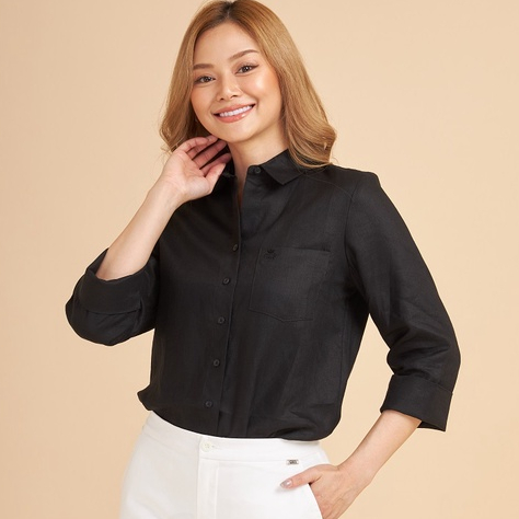 GSP Linen Basic Shirt Comfort Fit เสื้อเชิ๊ตจีเอสพี เสื้อเชิ๊ตมีปก แขนสั้น ผ้าลินิน สีดำ (PL3SBL)