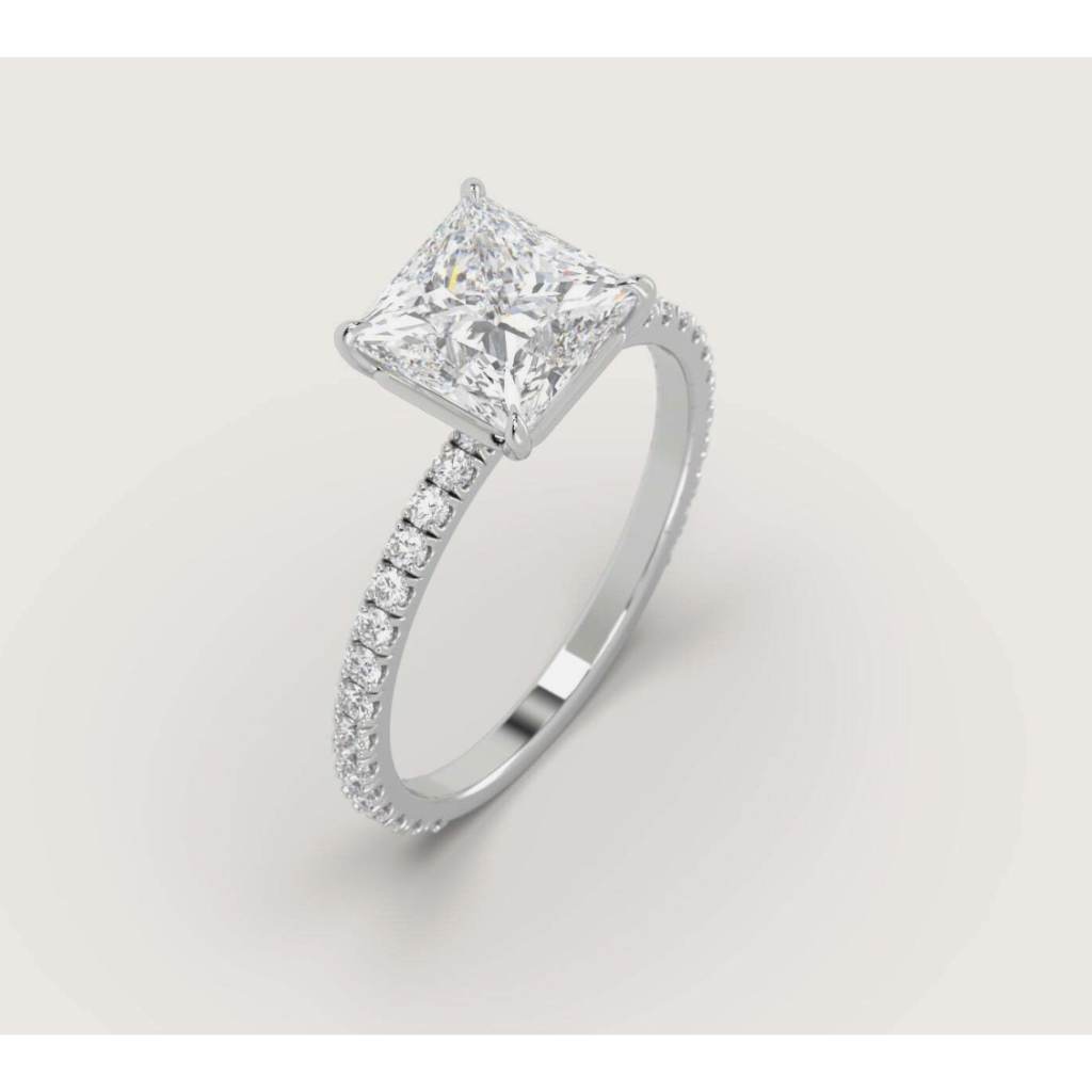 แหวนเพชร 3.13 ct F VS1 Princess - Lab Grown Diamond Solitaire Pave Ring ทองคำขาว 18K - พร้อมใบเซอ IGI