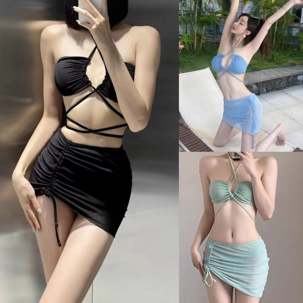 บิกินี่ 3 ชิ้น เซ็กซี่ ชุดว่ายน้ำแฟชั่น สีดํา ผ้าเนื้อดี พร้อมส่งในไทย #0089
