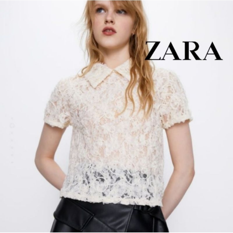 Zara เสื้อลูกไม้สีครีม สวยหรู size S