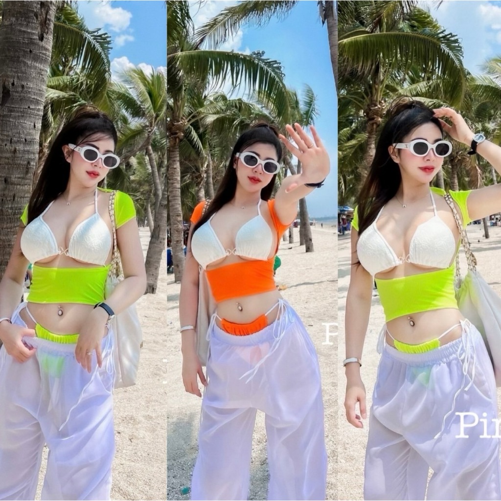 ชุดเซ็ท 4 ชิ้นขายาวเล่นสงกรานต์ผู้หญิง (บราขาว) ผ้าบาง เซ็ทเล่นสงกรานต์ผู้หญิงขายาว บิกินี่แซ่บๆ ป้าย.