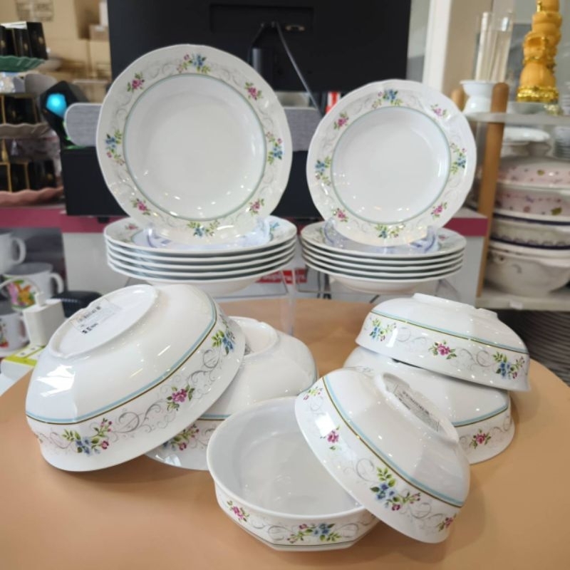 จานชามเมลามีนชุด 18 ชิ้น ลายไฮบิสกัส แบรนด์เบสมอร์