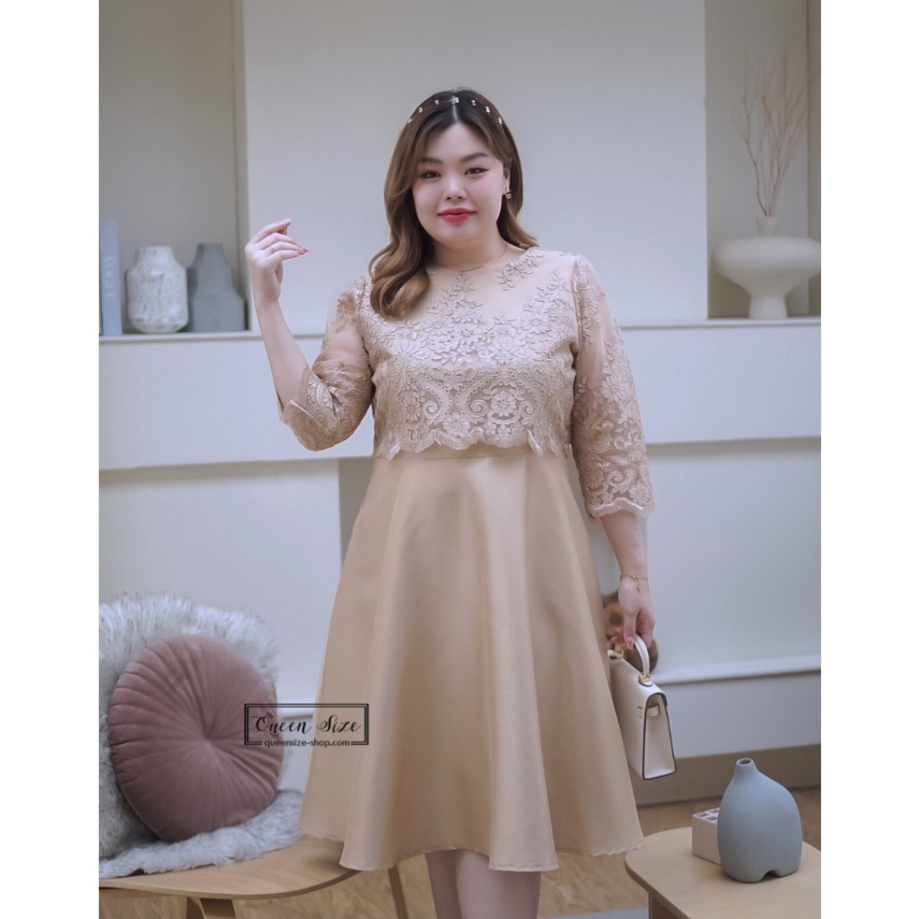 Esther-สีน้ำตาลทอง ชุดผ้าไหมอิตาลี่เนื้อหนาไซส์ใหญ่ อก42 44 46 และ48นิ้ว ทรงกระโปรงบานสวยหวานดูดี เดรสสาวอวบอ้วนไซส์ใหญ่
