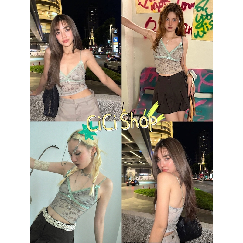 Cicishop(J836)เสื้อสายเดี่ยวซีทรูคอวี ลายใบไม้ ดีเทลขอบลูกไม้ สวยแซ่บซ่า