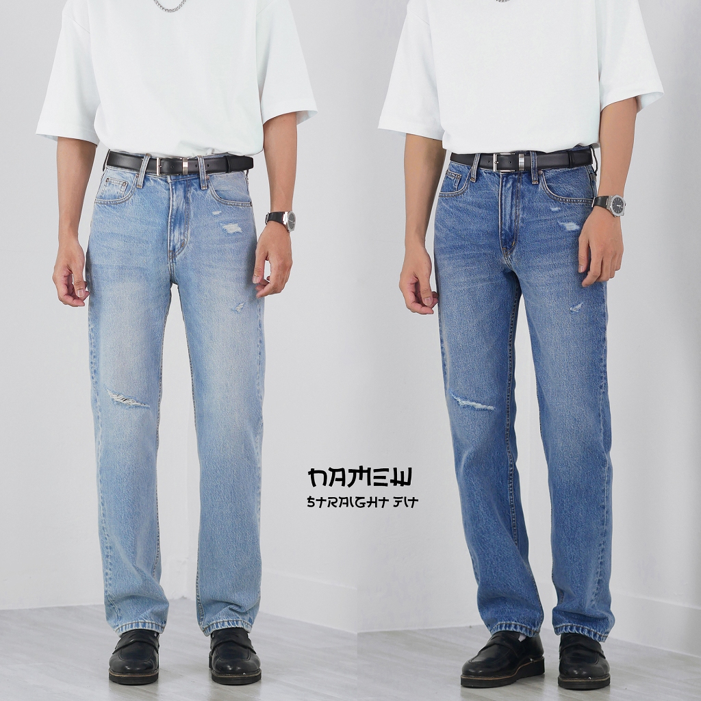 NAMEW Straight Fit Jeans กางเกงยีนส์ทรงกระบอกเล็กแต่งขาด 3 สี
