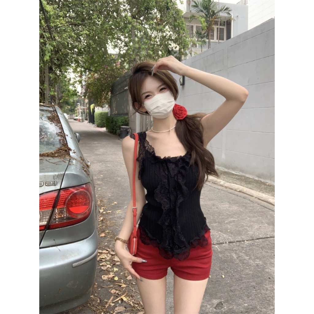ส่งทันที Cici(NO. C3897)เสื้อไหมพรหมแขนกุดแต่งระบายลูกไม้ทั้งตัว ทรงสวย รูปที่ 3