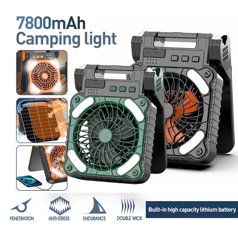 Outdoor Solar Fan พัดลมโซล่าเซลล์ 7800mah พัดลมพกพาชาร์จแบตไดพร้อมไฟ พัดลมแคมป์ปิ้ง LED พับได้ ใช้เป็นพาวเวอร์แบงค์ได้
