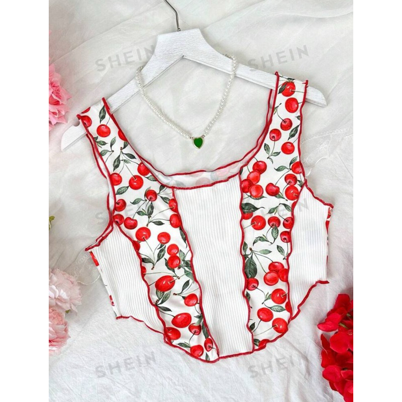 พร้อมจัดส่ง เสื้อกั๊ก พิมพลาย เชอร์รี่ เข้ารูป