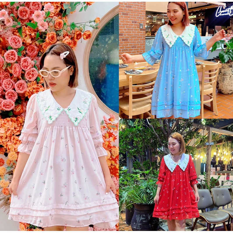 sirin studioเดรสสีชมพูสั้นลายดอกผ้าชีฟองเนื้อทรายB182