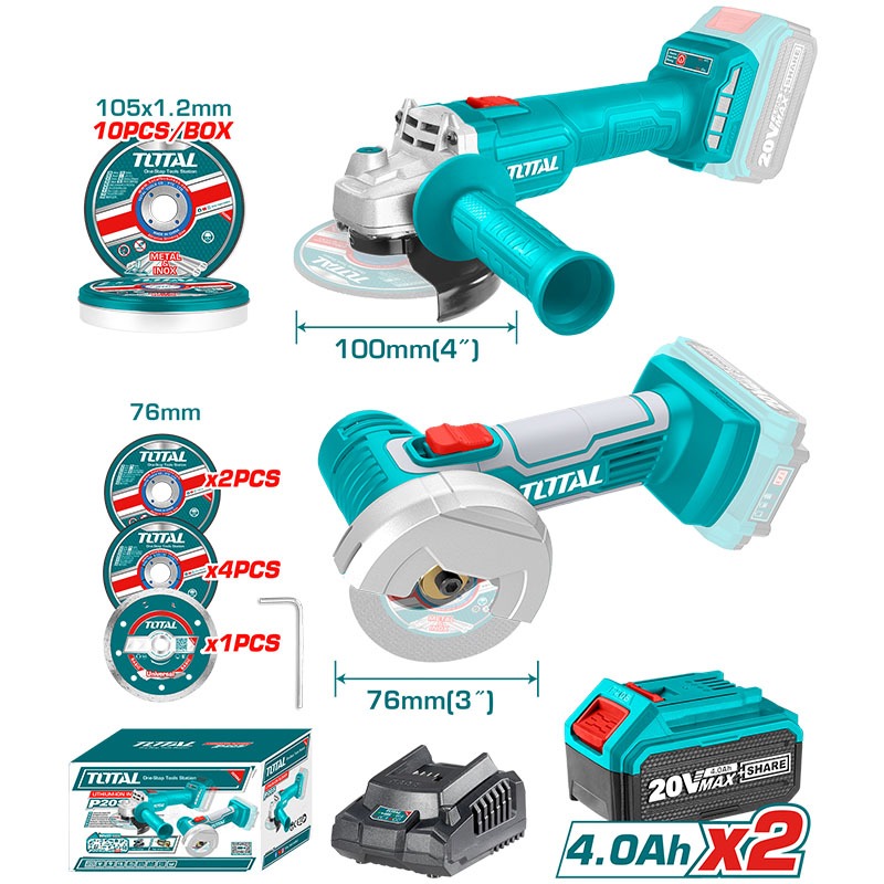 เครื่องเจียรไร้สาย 4นิ้ว + เครื่องเจียรมินิ ไร้สาย 3 นิ้ว Total รุ่น ( TOSLI2211410 ) Combo Set 3