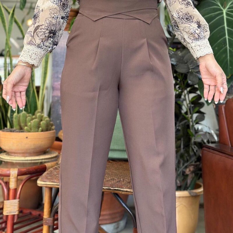 Everything2019 กางเกงทำงานขายาว แต่งเอวพับเก็บพุง