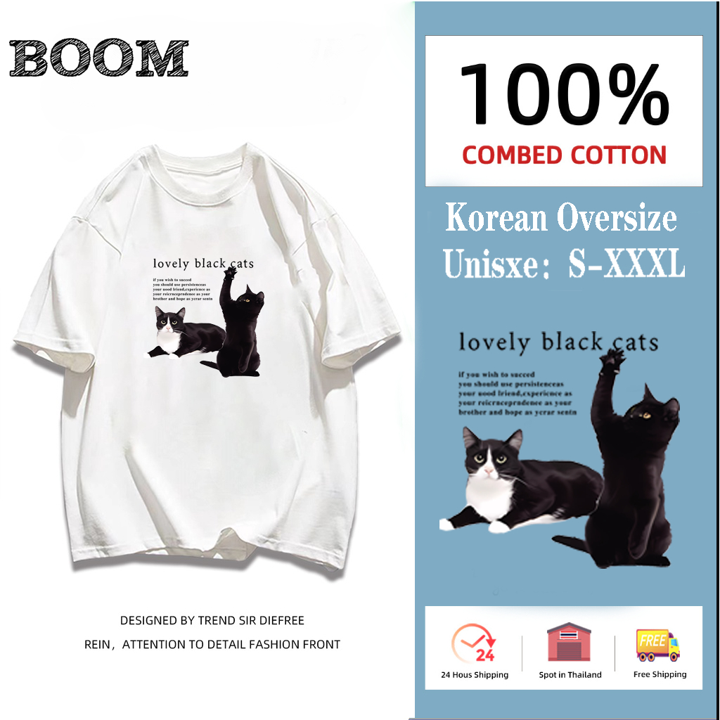 （จัดส่งตลอด 24 ชั่วโมง）BOOM SHOP  Printed T-shirt，วินเทจการ์ตูนลูกแมวพิมพ์หลวมพอดีแขนสั้นเสื้อยืด