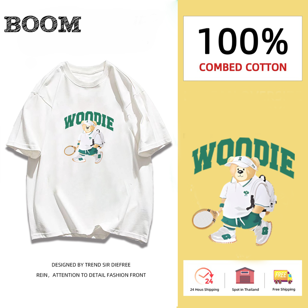 （จัดส่งตลอด 24 ชั่วโมง）BOOM SHOP print T-shirt，น่ารักกีฬาหมีน้อยพิมพ์เสื้อยืดแขนสั้น