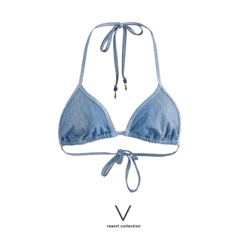 RESORT COLLECTION 2024 BLUE JEANS BIKINI BRA บราว่ายน้ำผูกหลังลายยีนส์ ใส่ว่ายน้ำ ผ้าหนา มีฟองน้ำในตัว กัน UV UPF 50+