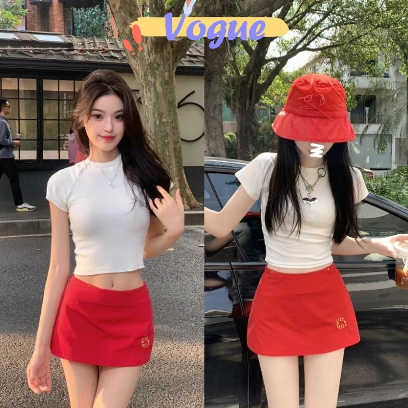 Vogue🌟พร้อมส่ง🌟 กระโปรงหางเกงเอวกลางเกงสีแดงสดใส ใส่ง่าย (906) -NZ-XM