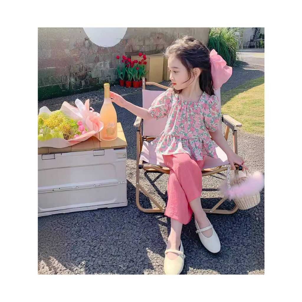 [Y D]332 พร้อมส่ง ชุดเซ็ตเด็กผู้หญิง เสื้อเเขนตุ๊กตาลายดอกไม้+กางเกงขายาว