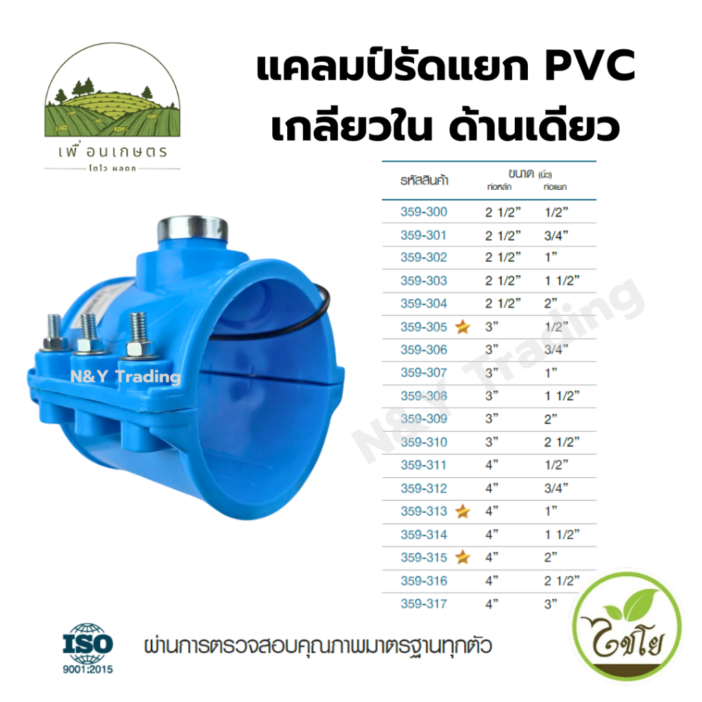 แคลมป์รัดแยก PVC เกลียวใน ด้านเดียว ขนาดใหญ่ แบรนด์ไชโย มีหลายขนาดให้เลือก