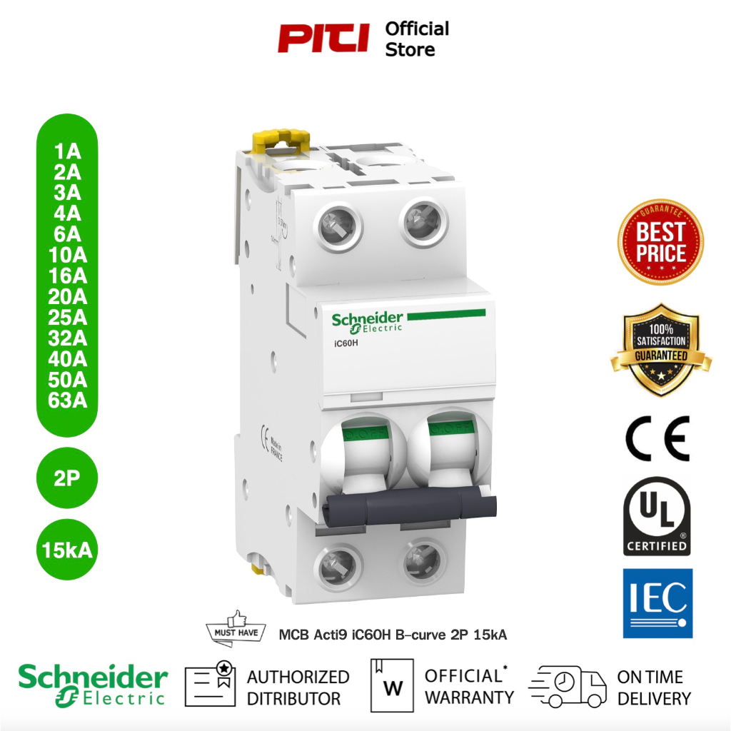 Schneider MCB A9F83201 1A 2P 15kA iC60H B-curve Acti9 Miniature Circuit Breaker เซอร์กิตเบรกเกอร์/ (Pre Order 60 วัน)