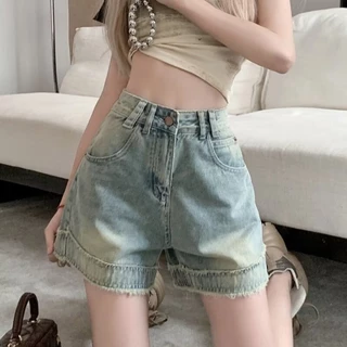 Swan shop 💥พร้อมส่ง💥 กางเกงยีนส์ขาสั้นเอวสูงทรงเอ สไตล์เกาหลี ผ้ายีนส์แท้