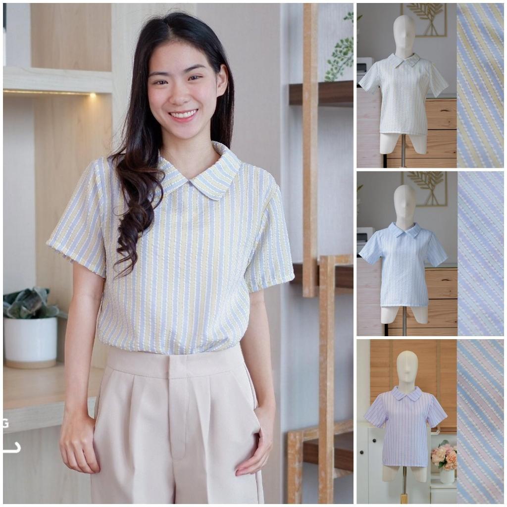 B09 เสื้อทํางานผู้หญิง แขนสั้น คอปก สไตล์มินิมอล ทรงน่ารักมาก ผ้าสวย มี Texture Easter Egg