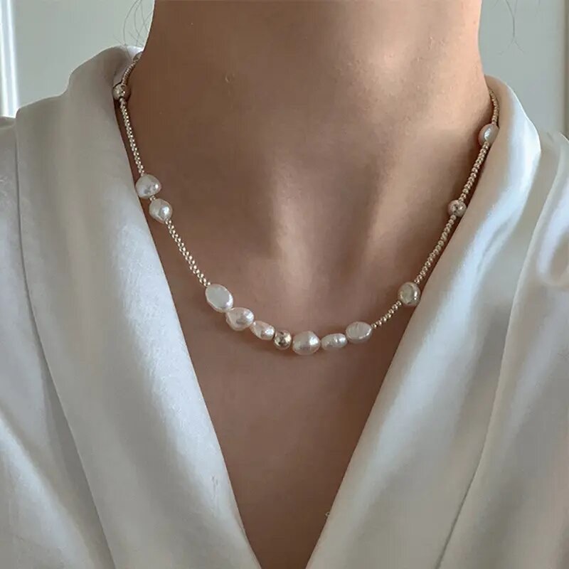 irregular pearls and dots necklace silver925 สร้อยคอปรับความยาวได้