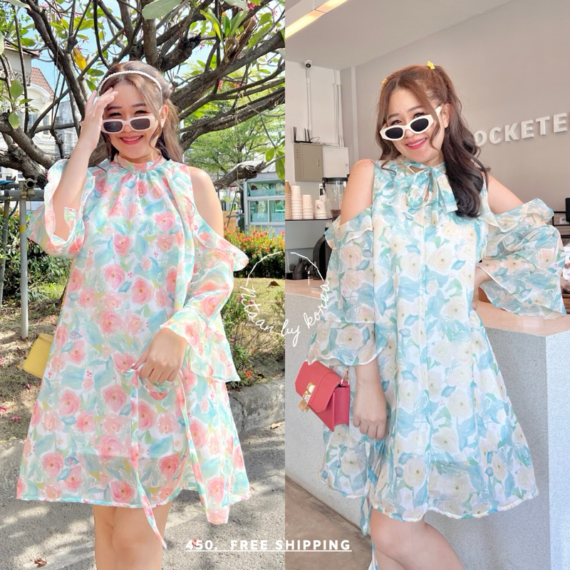 Rose’ DRESS สวยหวานปานเจ้าหญิง ชุดผ้าเยอะ ผ้าออแกนซ่าวิ้งๆลายดอกสีหวาน ชุดมีซับ เปิดไหล่เบาๆมีเชือกค่า