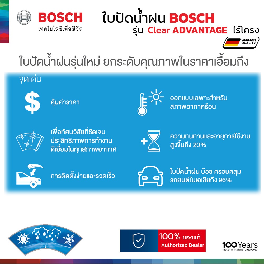 BOSCH ใบปัดน้ำฝน รุ่น Clear Advantage ก้านไร้โครง สำหรับ ISUZU D-MAX (ปี 2012-2019) ขนาด 22