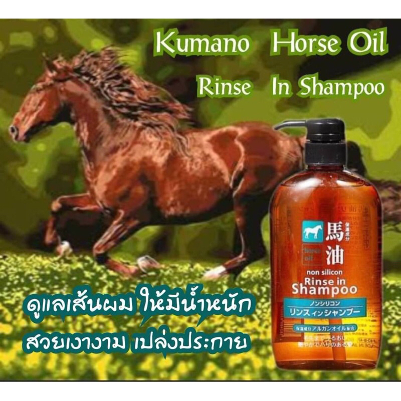 คุมาโนะ แชมพู ผสมครีมนวดผม น้ำมันม้าบริสุทธิ์ปราศจากซีลีโคน Kumano Oil Horse Oil Rinse in Shampoo 600ml.