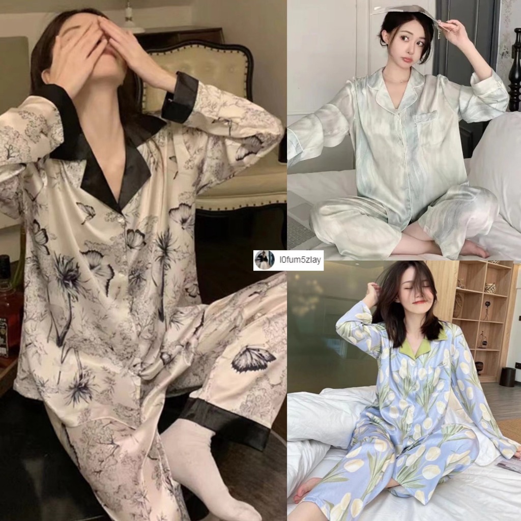 ⭐️(M-5XL)ชุดนอนใหม่ล่าสุด，ชุดนอนผ้าซาตินแขนยาว，ลายตัวอักษร，กางเกง + ด้านบน