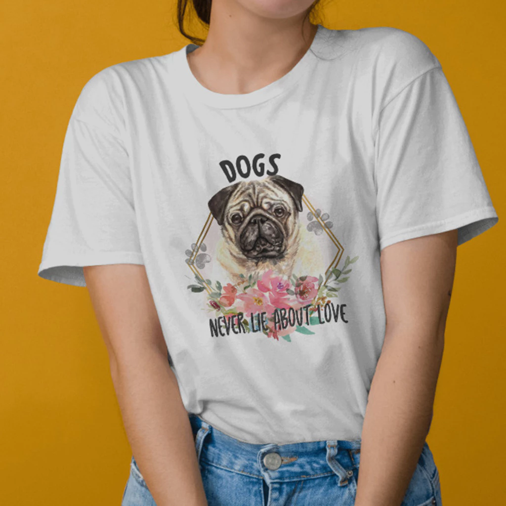 เสื้อยืดสกรีนลายหมาดอกไม้ Minimal แขนสั้น คอกลม/คอวี FLOGA9 Pug