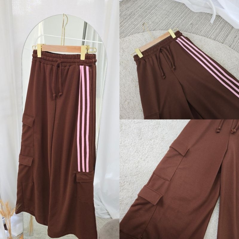 [ Z04 ]  กางเกงขายาวคาร์โก้ น้ำตาล แต่งแถบชมพู