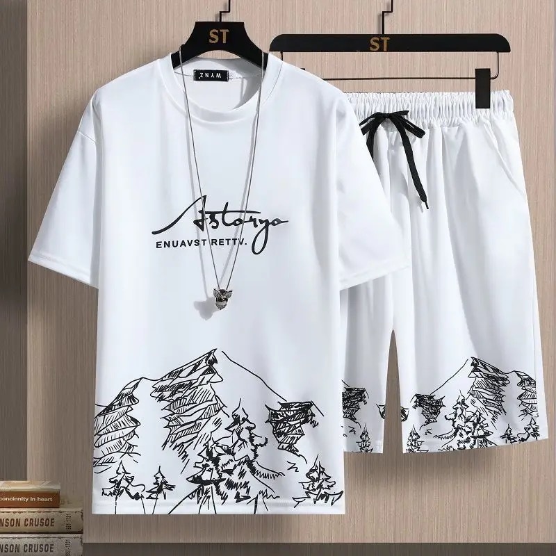 [สินค้าพร้อมส่งจากไทย] ชุดเซ็ตเสื้อผ้าคอกลมผู้ชายแขนสั้น+กางเกงขาสั้น สไตล์อเมริกัน เนื้อผ้าใส่สบาย ไม่ย้วย
