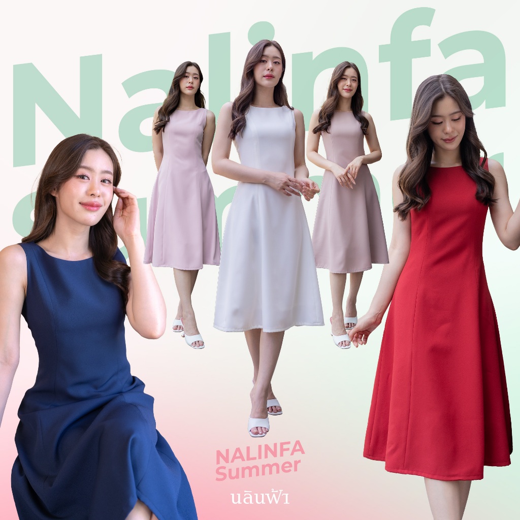 NALINFA Summer (Red / White / Smoky Pink / Pastel Pink / Blue) -  เดรสแขนกุดสีกรมท่า กระโปรงทรงย้วยนิดๆ By Nalinfa