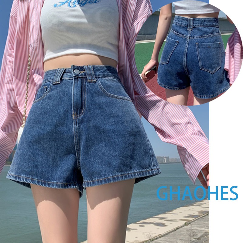 GHAOHES กางเกงยีนส์ขาสั้นเอวสูง ทางเอแบบบาง เรียบง่าย เย็นสบาย ขากระบอก ไซส์S-5XL