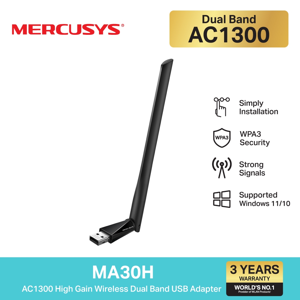 Mercusys MA30H ใหม่! USB Adapter ไวเลสดูอัลแบนด์กำลังสูง AC1300 เพียงเสียบและติดตั้งไดรเวอร์ก็พร้อมใช้งาน