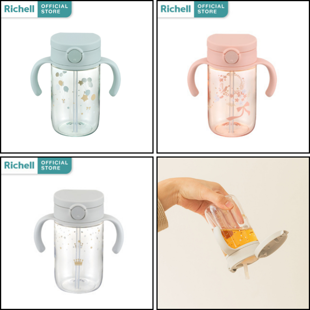 Richell(ริเชล) ของแท้ แก้วหลอดดูดกันสำลัก คว่ำไม่หก (320 มล.) ขนาดถือง่าย ใช้ดี 100% leak Proof BPA FREE AXSTARS