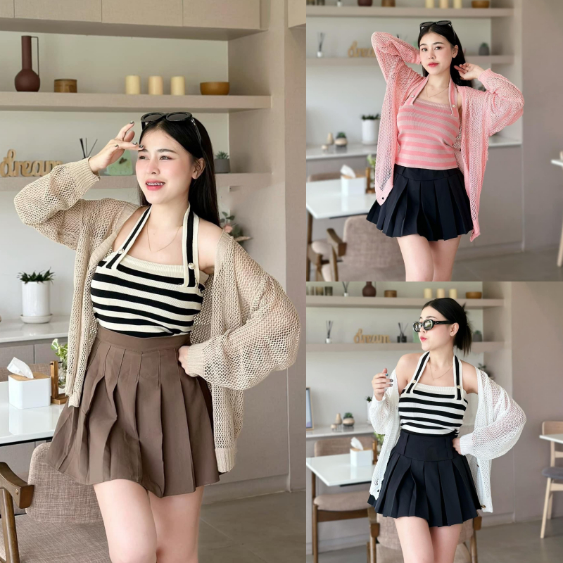 🌈SpinnyHouse🌈ชุดเซ็ต2ชิ้น เสื้อสายเดี่ยวผ้าไหมพรมยืด+เสื้อคลุมถักรู สาวอวบใส่ได้ 😊 ใส่ออกงานได้ รุ่น ลำใย