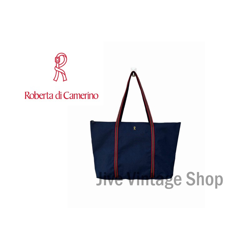 Roberta Di Camerino Tote Bag กระเป๋าผ้า สะพายไหล่ สีน้ำเงินเรียบๆ ใส่ A4 ได้ มือสองสภาพดี จากตู้ญี่ป
