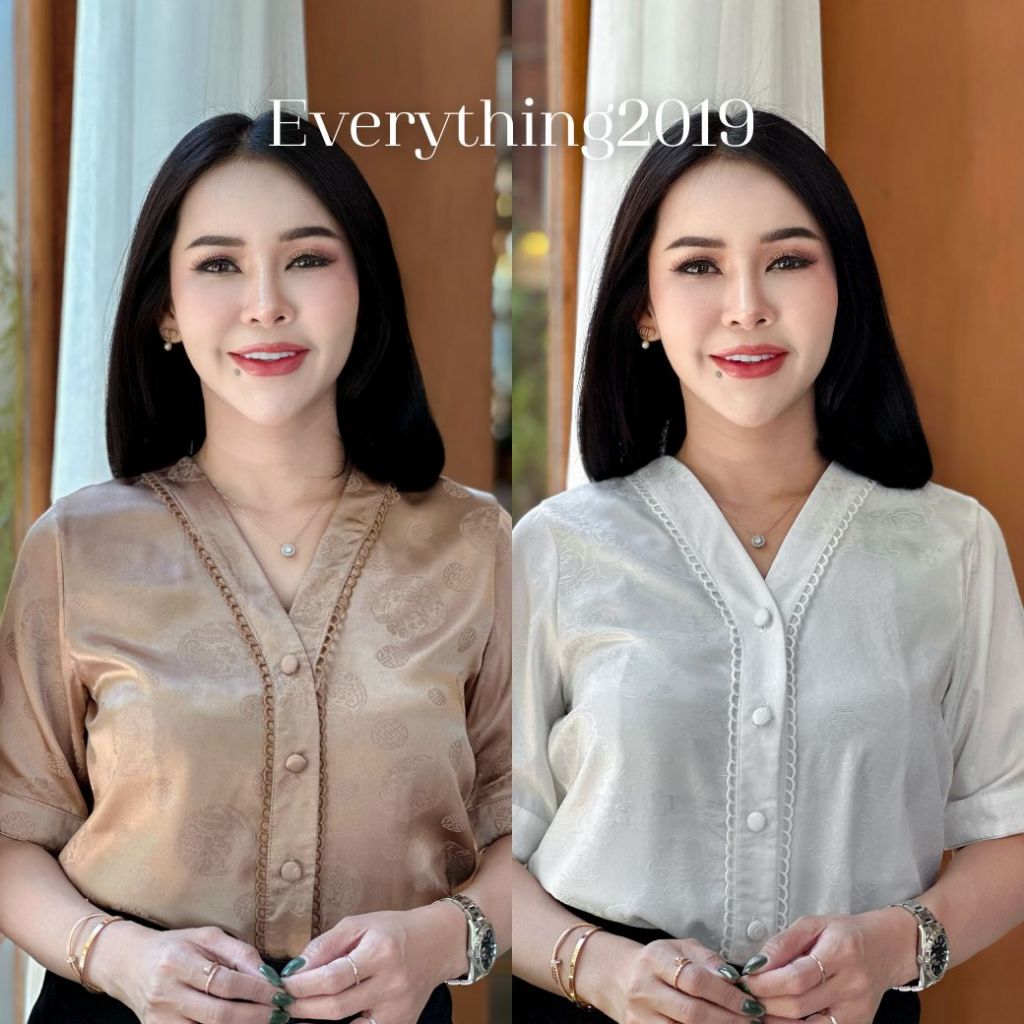 Everything2019 เสื้อคอวีแขนสั้น กระดุมปั้ม ลายสวยชัด ผ้าพรีเมี่ยม 3D ผ้านิ่มใส่สบาย เสื้อทำงานผู้หญิง (6248)