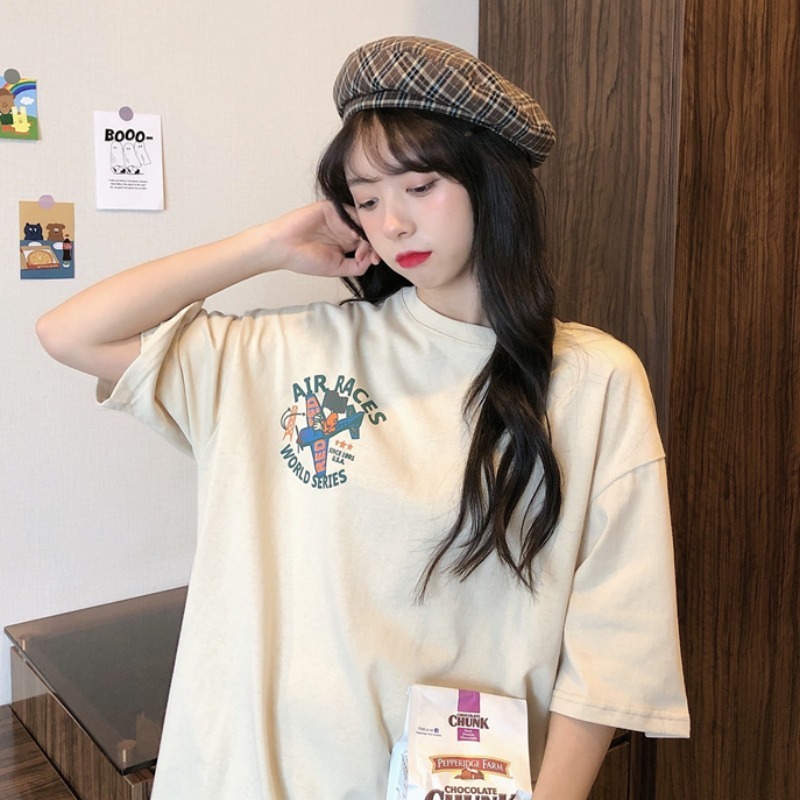 ผู้หญิงใหม่พิมพ์แขนสั้นเกาหลีรุ่นหลวมเสื้อยืดขนาดกลางยาว